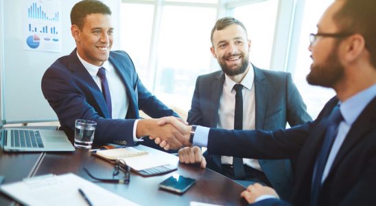Happy businessmen handshaking after negotiation in office