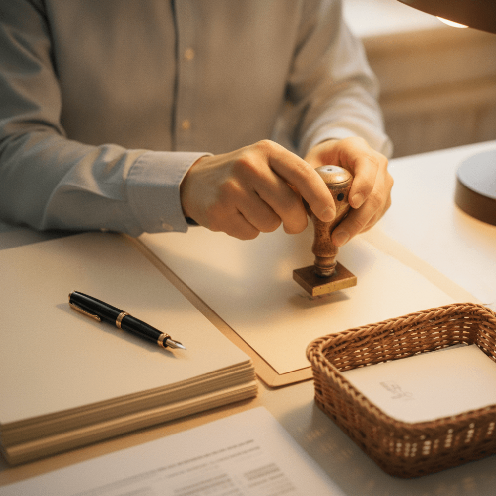 Mains d'un comptable classant et validant des documents de facturation dans un environnement de bureau structuré